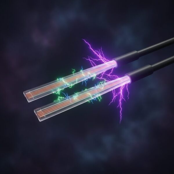 フラットLANケーブルの周囲に、電源ケーブルなどから発生する電磁ノイズが紫色の波として描かれ、内部の芯線同士が干渉するクロストークの問題を可視化している。