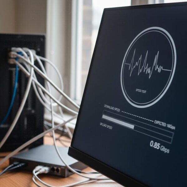 パソコンの画面に表示された通信速度テストのメーターが、不安定に低い数値を指しており、フラットLANケーブルの性能では安定した速度が出ないデメリットを表している。