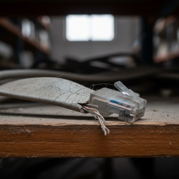 長年使用され、被膜にひび割れや変色が見られるフラットLANケーブルのコネクタ根本部分のアップ。物理的な劣化が進み、寿命が短いことを物語っている。