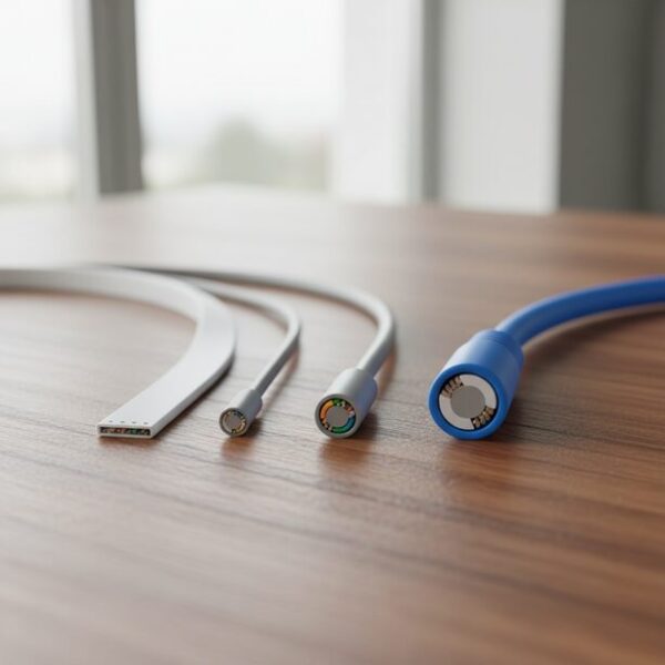 薄いフラットタイプ、細い円形のスリムタイプ、太く頑丈なラウンドタイプの三種類のLANケーブルが並べられ、形状や性能バランスの違いを比較検討している。