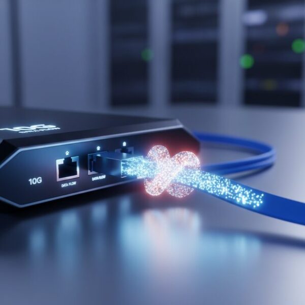 高速な10G通信環境で、フラットLANケーブル内を流れるデータの流れが滞り、ボトルネックとなって通信速度が低下している様子をCGで可視化したイメージ。