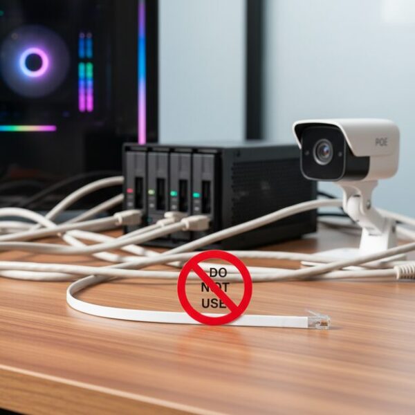 オンラインゲームやサーバーなど安定性が重要な機器に対し、フラットLANケーブルが大きな赤いバツ印と共に示され、買ってはいけない不適切な用途を警告している。