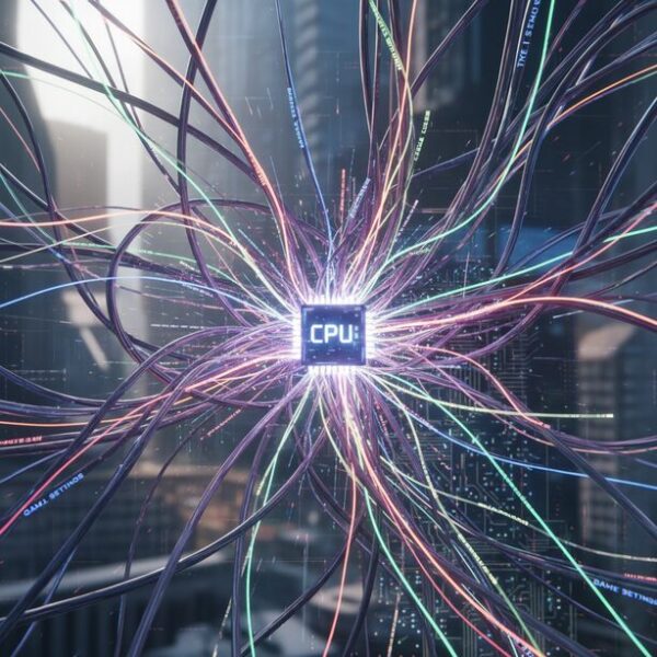 ゲーム中にCPU使用率が100%になる複数の原因を抽象的に表現。光ファイバーがプロセッサーに集まり、バックグラウンドプロセスや設定、熱暴走といった複合的な負荷を示している。