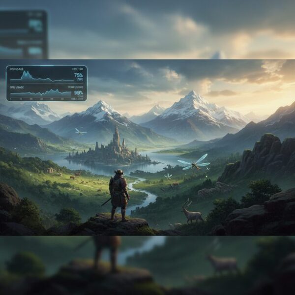 ゲーム画面にXbox Game Barをオーバーレイ表示しCPU使用率を確認する方法。タスクマネージャーを使わずに、プレイしながらPCのパフォーマンスをリアルタイムで把握する様子。