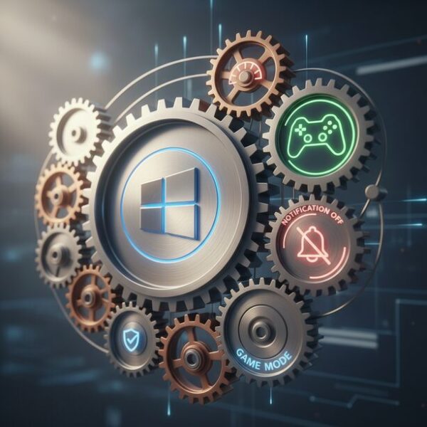 Windowsの各種設定が連携しゲームのパフォーマンスを向上させる様子を歯車で表現。「ゲームモード」や通知設定の最適化が、CPUリソースの確保に繋がることを示唆する。