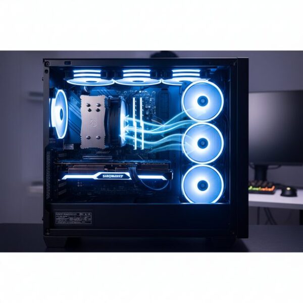 PC内部のエアフローを改善し、物理的な冷却でCPUの熱暴走を防ぐ。ホコリを清掃し、ケースファンによって作られた空気の流れが、各パーツを効率的に冷やしている様子。