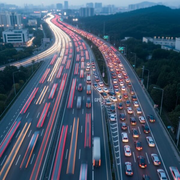 CPUが原因でGPUの性能を活かせないボトルネック現象を交通渋滞で表現。CPUの処理能力不足が、システム全体のパフォーマンスの足を引っ張っている状況を示している。