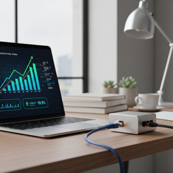 有線LANのメリットである通信の安定性と速度を表現。ノートパソコンの画面に高速ダウンロードのグラフが表示され、横にはLANケーブルがしっかりと接続されている様子で、オンラインゲームやビデオ会議の快適さを示す。