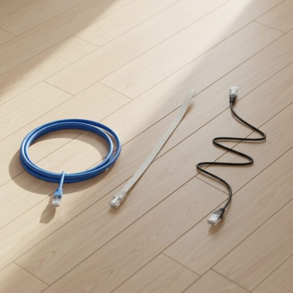 配線しやすいLANケーブルの形状の種類を比較。フローリングの上にスタンダード、フラット、スリムの3タイプが並べられ、それぞれの特徴がひと目で分かる。カーペット下や狭い場所への設置をイメージさせる。