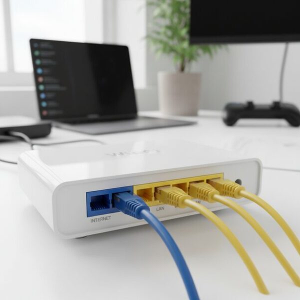 ルーターの正しい差し込み口を解説。青色のWANポートにインターネットからのケーブルが、複数のLANポートにパソコンなどへのケーブルが接続されている背面をアップで写し、ポートの役割の違いを明確に示している。