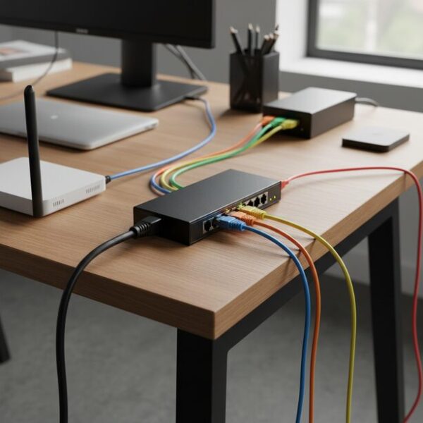 不足したLANポートを増やすスイッチングハブの利用シーン。1つのポートから複数のカラフルなLANケーブルが分岐しており、複数の機器を同時に有線接続できる利便性を示す。ケーブルの延長にも触れる。