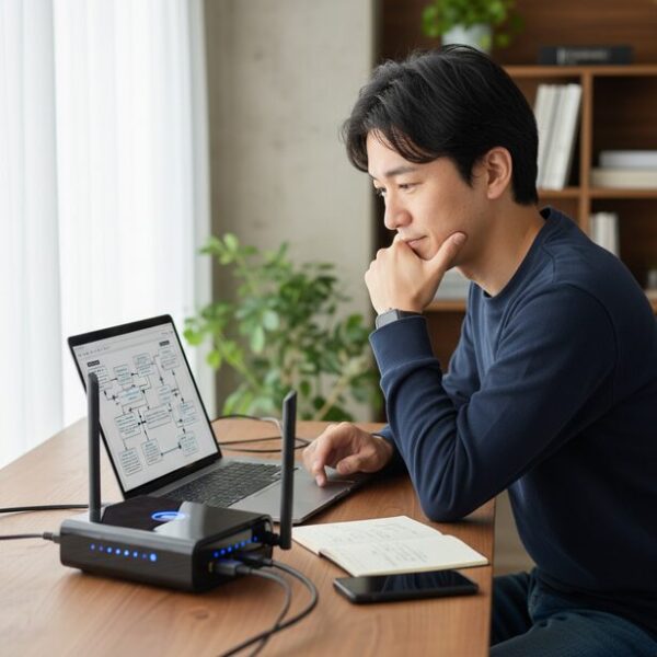 LANケーブルを繋いでもネットに繋がらない原因と対処法を模索する人。ノートパソコンとルーターの前で考え込む様子で、ケーブルの抜き差しや機器の再起動といったトラブルシューティングの重要性を示唆する。