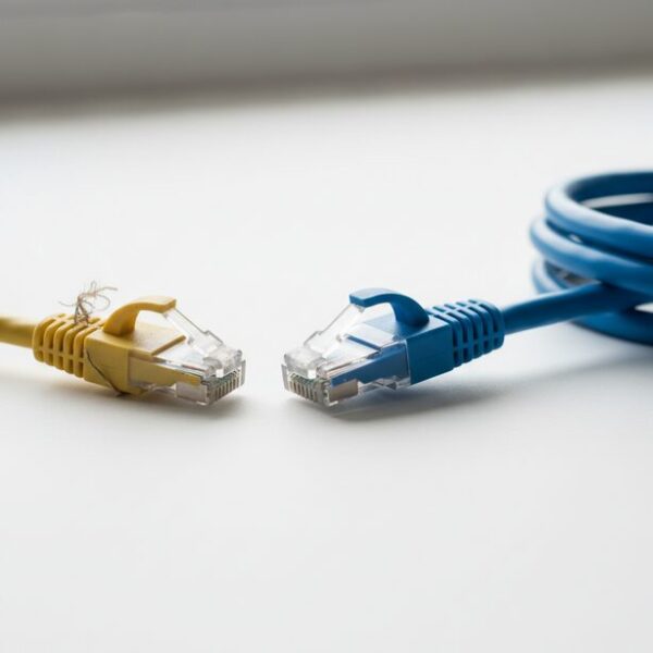 LANケーブルの爪が折れてカチッと音がしない時の原因と対策。破損したコネクタと、爪折れ防止機能付きの新しいケーブルを並べて比較し、接触不良を防ぐためにはケーブル交換が最善であることを示している。