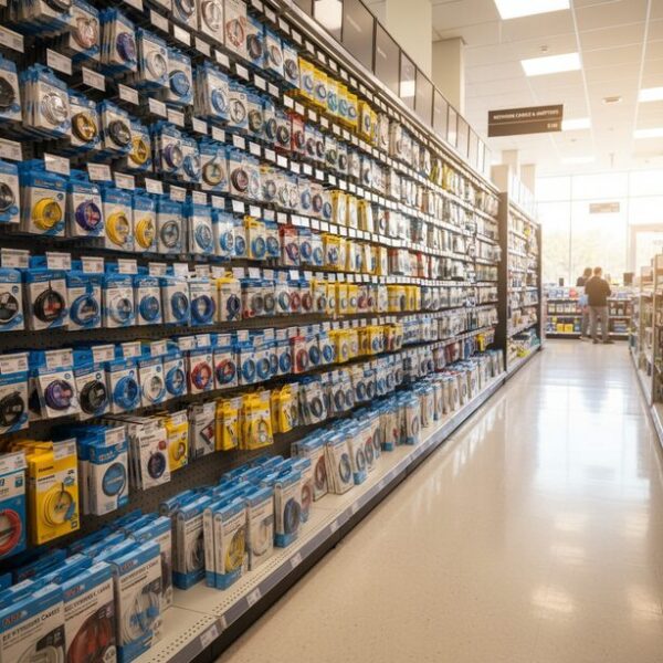 LANケーブルがどこで売ってるかという疑問に答える、家電量販店の豊富な品揃え。壁一面に陳列された様々な種類や長さのパッケージが並び、ネット通販やパソコン専門店など購入場所の選択肢の多さを示す。