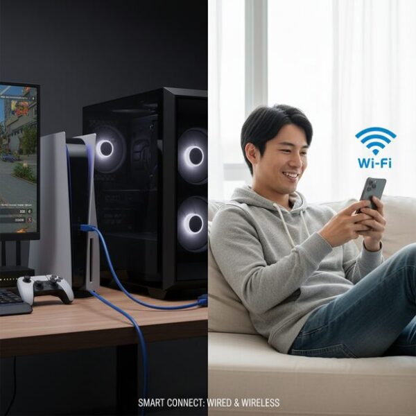 Wi-Fiと有線LANの上手な使い分けを提案。安定性重視のデスクトップPCやゲーム機は有線接続、手軽さが重要なスマートフォンはWi-Fi接続というように、機器の用途に合わせて最適なネットワークを選ぶ様子。