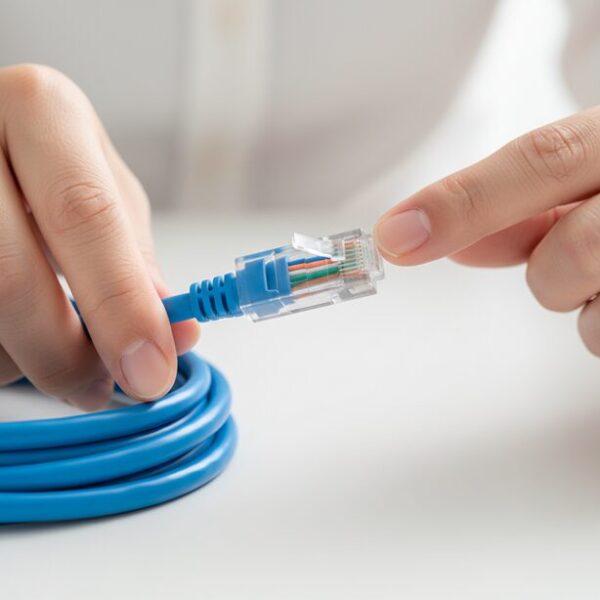 デスクの上で、LANケーブルの見分け方を解説する様子。コネクタのRJ-45規格や、内部に見えるカラフルな8本の芯線を指し示し、電話線との違いを明確にしている。