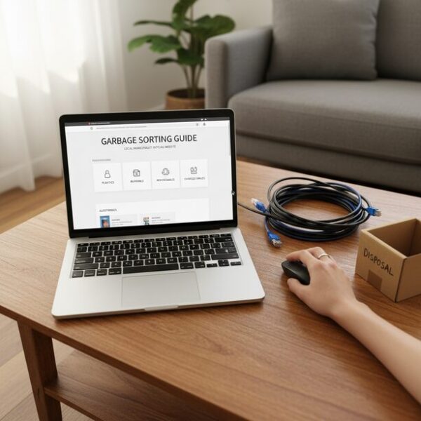 ノートパソコンで自治体の公式サイトを調べ、LANケーブルの正しい捨て方を確認している。ごみ分別ガイドのページで、不燃ごみや金属ゴミなどのルールを検索している様子。