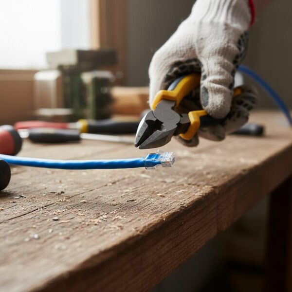 粗大ゴミになるのを避けるため、長いLANケーブルをニッパーで30cm以下の長さに切断している手元。安全のために軍手を着用し、自治体のルールに従って適切に処分する準備をしている。