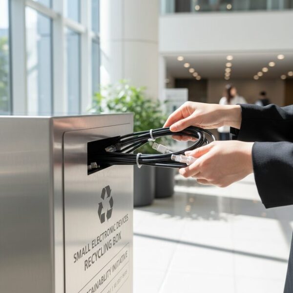 市役所に設置された小型家電リサイクル回収ボックスに、束ねたLANケーブルを投入している様子。手軽に無料で処分でき、資源の有効活用に貢献できる便利な捨て方。