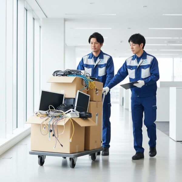 オフィスの移転に伴い、不用品回収業者が大量のLANケーブルやPCモニターなどをトラックに運び込んでいる。分別や運び出しの手間なく、まとめて処分できるサービスの様子。