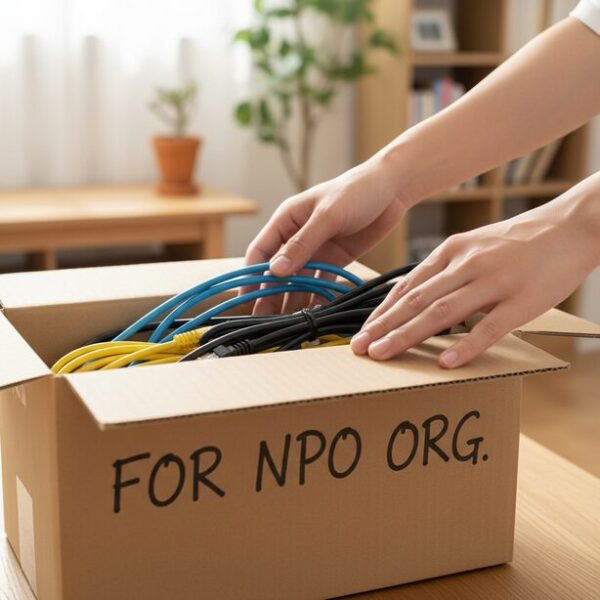 発展途上国を支援するNPO法人へ寄付するため、不要になったLANケーブルやPC周辺機器を段ボール箱に詰めている。リサイクルや社会貢献を通じて、不用品を役立てる処分方法。