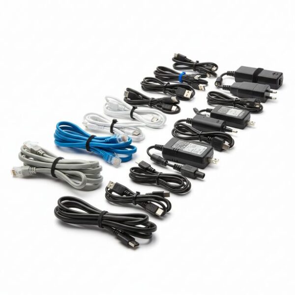 LANケーブルと同様に処分できる、USBケーブルやACアダプター付き電源コード。小型家電リサイクルや自治体のルールに従って、様々な種類のケーブルを正しく分別する必要がある。