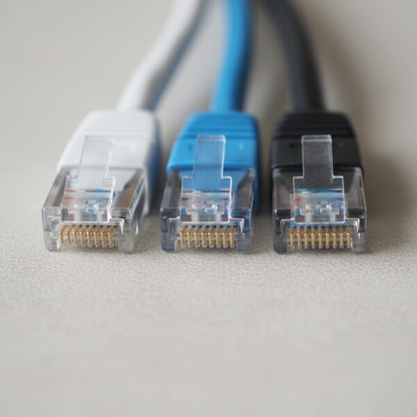 カテゴリが異なる複数のLANケーブルのRJ-45コネクタ部分を比較。形状がすべて同じであるため、コネクタの見た目だけでCAT5eやCAT6といった規格を正確に判別するのは困難。