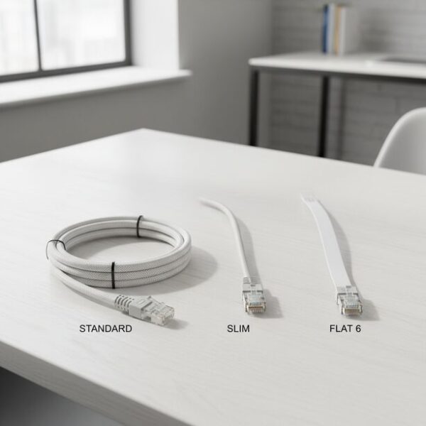 スタンダード、スリム、フラット形状のLANケーブルを比較。カーペットの下や狭い場所への配線など、用途や場所に応じて最適な太さや形状を選ぶことの重要性を示している。