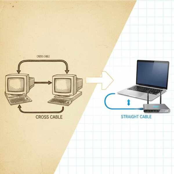 LANケーブルのストレート接続とクロス接続の違いを新旧で比較。現在はAuto MDI/MDI-X機能により機器が自動判別するため、ストレートケーブルを選べば問題ないことを示す。