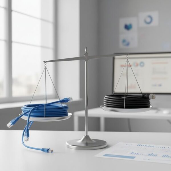 10Gbps時代の光回線に適したLANケーブルとして、CAT6AとCAT7を天秤で比較。一般家庭での扱いやすさや規格の標準化から、CAT6Aが推奨されることを示唆している。