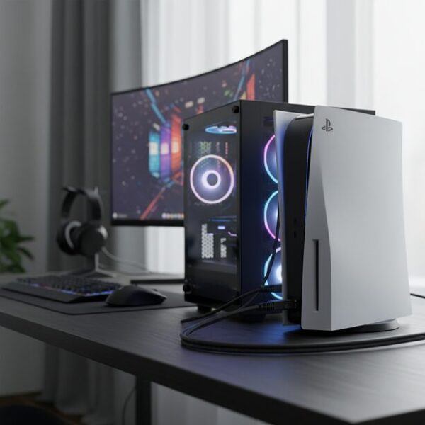 オンラインゲームを快適にプレイするため、ゲーミングPCやPS5にCAT6AのLANケーブルを有線接続した環境。通信の安定性が高く遅延が少ないため、FPSなどにおすすめ。