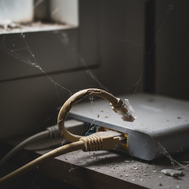 ホコリをかぶったルーターに接続された、ひび割れて劣化した古いLANケーブル。通信速度の低下や接続が途切れる原因となる、LANケーブルの物理的な寿命と耐用年数の問題を象徴している。