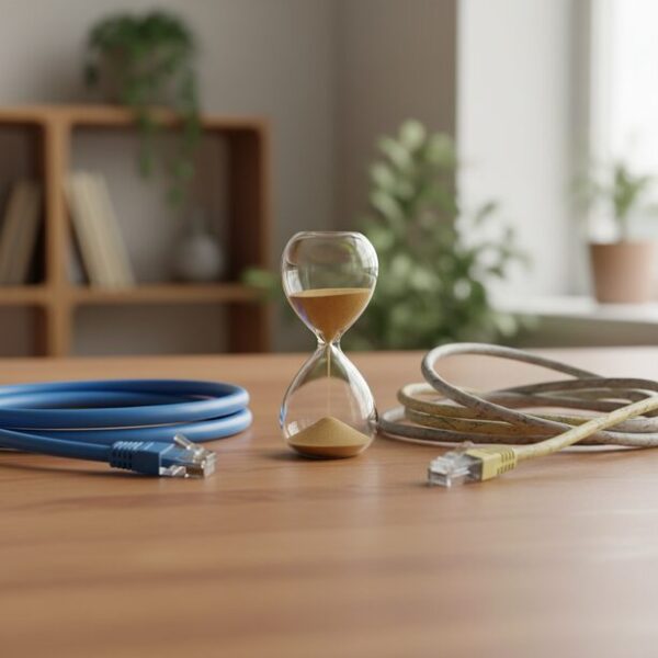 新しいLANケーブルと古く劣化したケーブルの間に置かれた砂時計が時間の経過を示唆。屋内や屋外など環境によって異なるLANケーブルの物理的な耐用年数や、技術的な寿命の目安を表している。