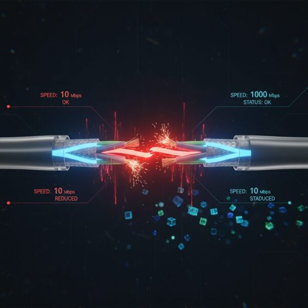 LANケーブルの内部構造をCGで表現し、8本の芯線のうち1本が断線している様子。通信速度が1Gbpsから100Mbpsへ低下する原因となるフォールバックというメカニズムを解説している。