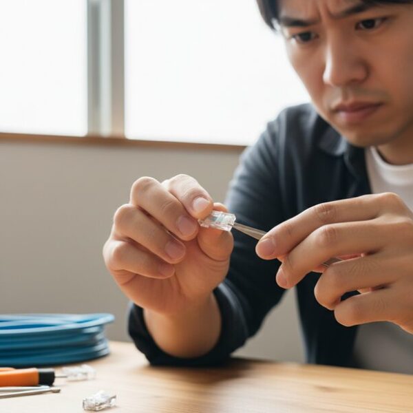 爪が折れてしまったLANケーブルのコネクタを、後付けのラッチ補修パーツを使って修理している手元。DIYで爪折れによる接触不良のリスクを解消し、ケーブルの寿命を延ばす方法。