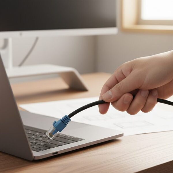 ノートパソコンのLANポートから、ケーブル部分を引っ張って無理に抜こうとしている手元。頻繁な抜き差しや誤った取り扱いが、コネクタの爪折れや内部断線といった劣化を早める原因になる。