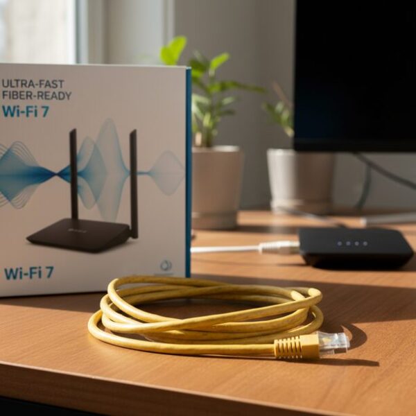 最新のWi-Fiルーターのパッケージの横に置かれた、古く変色したLANケーブル。高速な光回線などネットワーク環境をアップグレードした際に、交換時期のサインとなる性能不足（ボトルネック）。