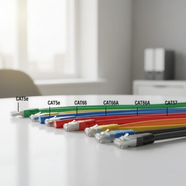 カテゴリ5eからカテゴリ7まで、規格ごとに色分けされた様々な種類のLANケーブルが整然と並ぶ。通信速度や用途に応じたLANケーブルの選び方と、各カテゴリの特徴を比較するイメージ。