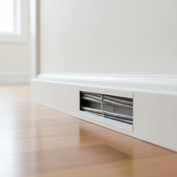 壁際に設置された配線モールの中にLANケーブルを収納し、すっきりと配線している様子。ケーブルを踏みつけや圧迫から保護し、急な角度で曲げないようにする長持ちさせる方法。