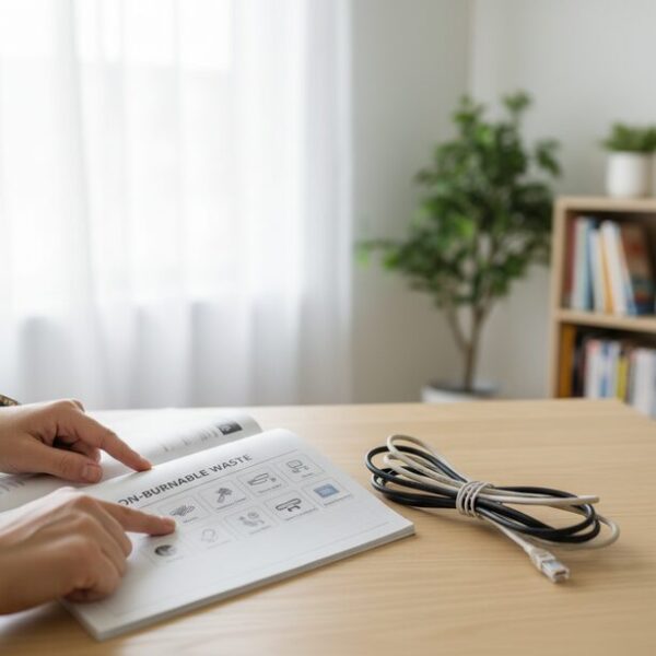 自治体のごみ分別ガイドブックと、処分するために束ねられた古いLANケーブル。家庭ごみとして捨てる際の正しい分別方法（不燃ごみなど）や、小型家電リサイクルについて解説。