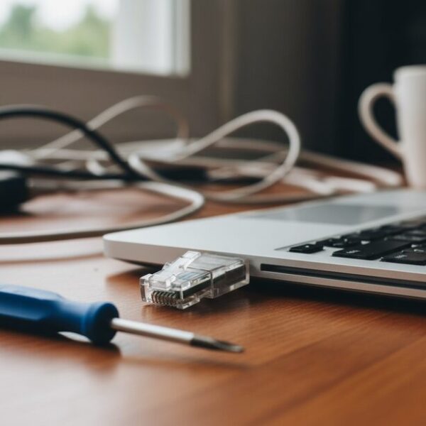 根元からツメが折れて爪なしの状態になったLANケーブルのコネクタ。ポートから抜けなくなったケーブルを、マイナスドライバーなどの工具を使って安全に抜く方法を紹介。