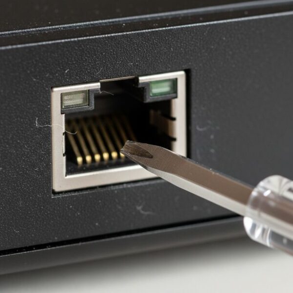 マイナスドライバーでLANケーブルを抜く際の危険な使い方。ドライバーの先端がポート内部の金属端子を傷つけそうで、機器の故障に繋がるリスクを示唆している。