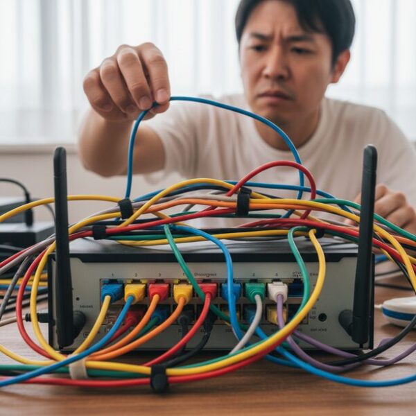 複数のLANケーブルが密集して差し込まれているルーターの背面ポート。どのケーブルを抜くべきか間違えやすく、作業スペースが狭い場所での注意点を説明。