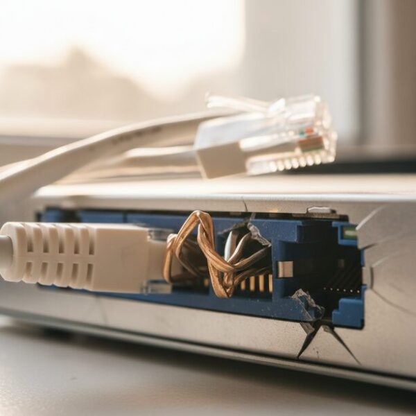 無理やりLANケーブルを抜いた結果、内部の端子が曲がり物理的に破損してしまったPCのLANポート。機器が故障する重大なリスクがあるため注意が必要。