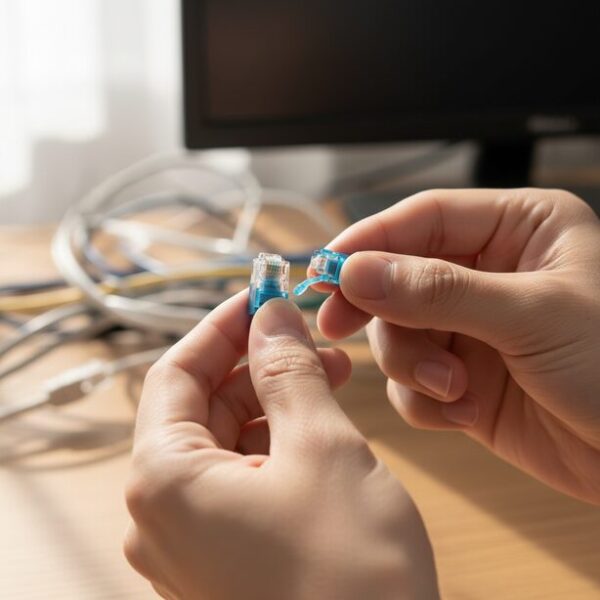 ツメが折れたLANケーブルのコネクタに、後付けラッチを「パチン」と音を立てて取り付けている手元。工具を使わずに誰でも簡単にできる便利な修復方法。