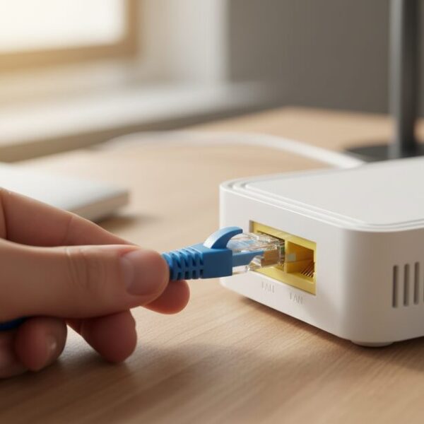 ルーターのポートにLANケーブルのコネクタが「カチッ」と音を立てて正しく差し込まれる瞬間。接触不良を防ぐための、意外と重要な正しい差し方の手順。