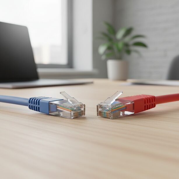 LANケーブルのストレートとクロスの違いを視覚的に表現。青と赤のケーブルのコネクタ内部にある配線・結線の色の順番の違いを比較し、見分け方を解説。Auto MDI/MDI-X機能や最適なカテゴリ規格の選び方もわかる。