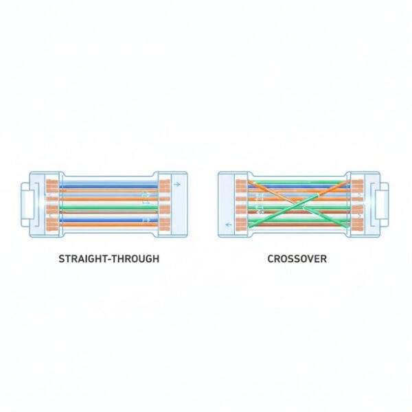 LANケーブルのストレートとクロスの構造的な違いを図解。ストレートの平行な結線とクロスの交差する結線の仕組み、そしてパソコンとルーターなど、接続する機器の組み合わせによって異なる役割や用途を分かりやすく解説。