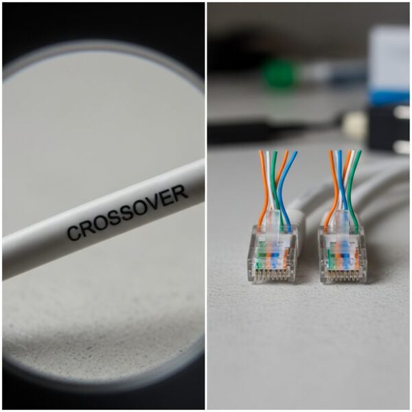 LANケーブルの印字や見た目での簡単な判別方法。ケーブルに記載された「CROSSOVER」などの文字を確認する方法と、両端のコネクタを並べて内部の配線の色の順番を比較して違いを見分ける方法を解説。