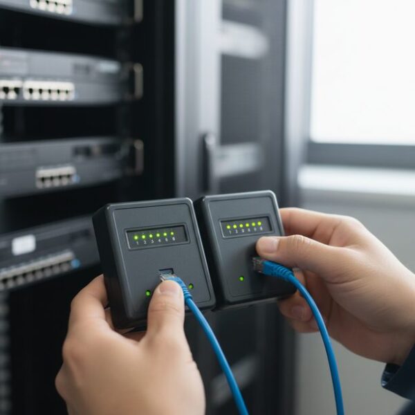 最も確実なLANケーブルの見分け方であるLANケーブルテスターの使い方。ケーブルの結線状態や断線の有無を電気的にチェックし、LEDランプの点灯パターンでストレートかクロスかを正確に診断している様子。